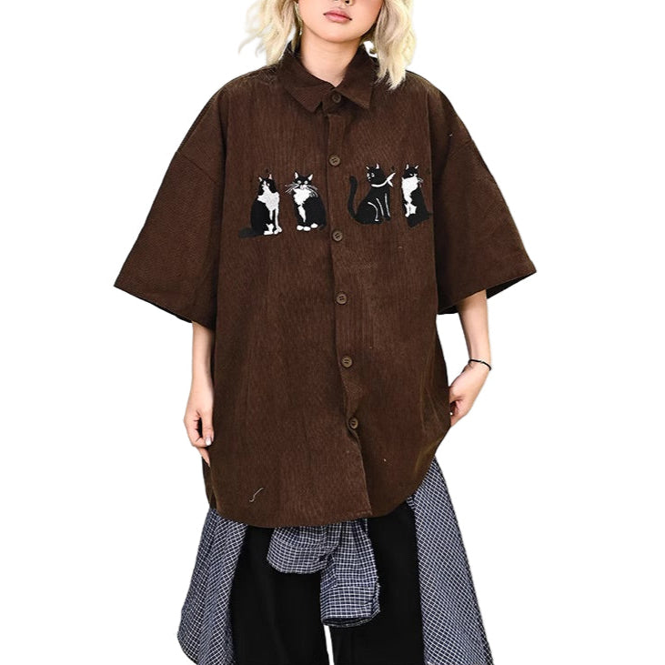 Vintage Cat Embroidered Velvet Shirt