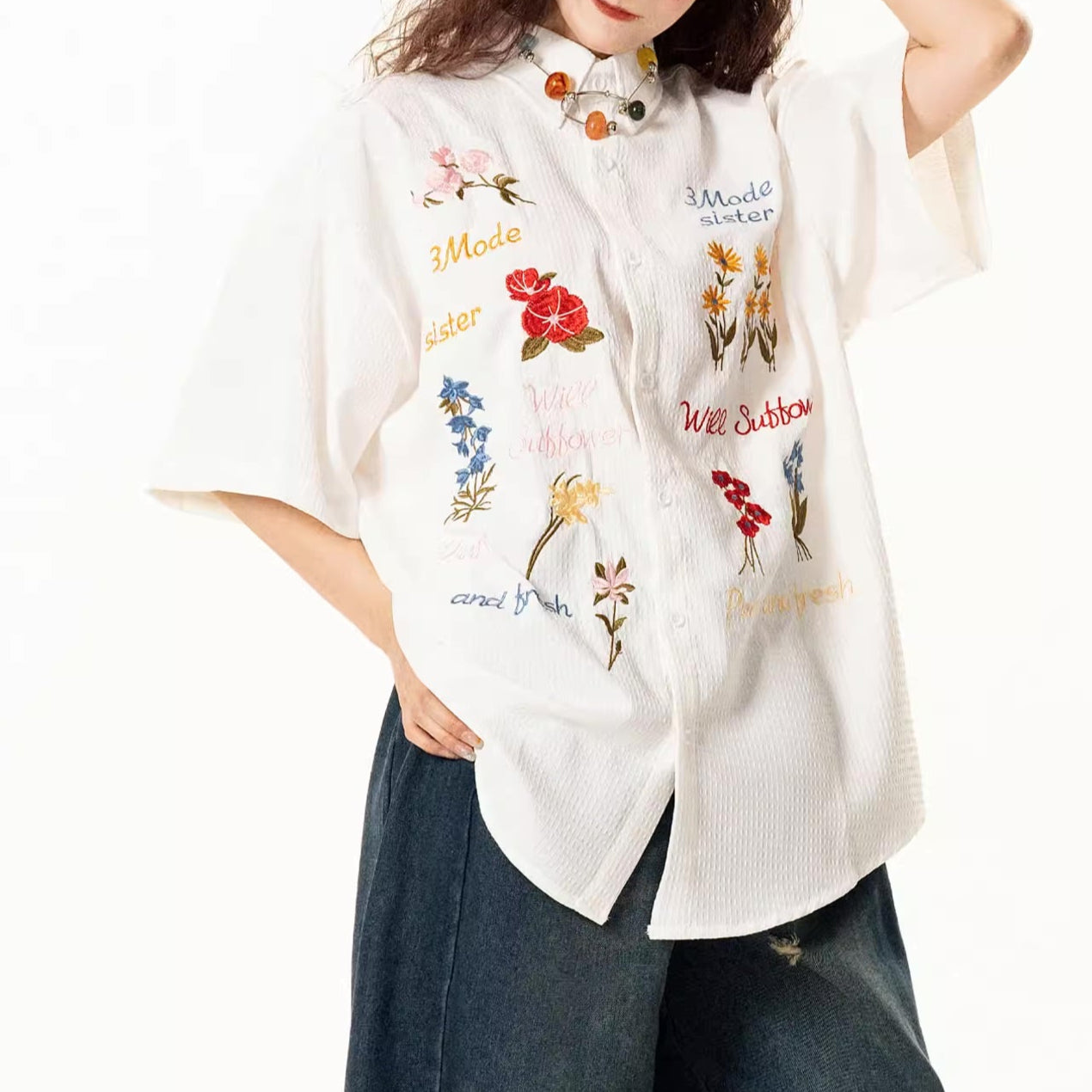Colourful Flowers Embroidered Shirt