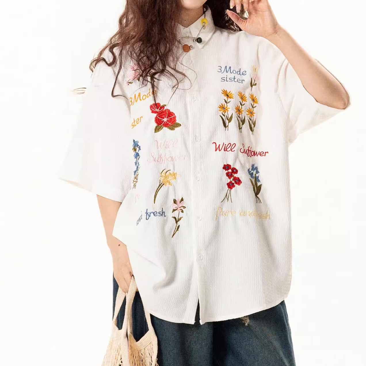 Colourful Flowers Embroidered Shirt