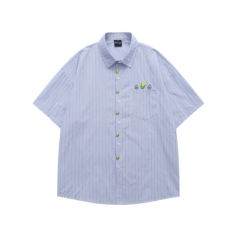 Avocado & Corn Embroidered Striped Shirt