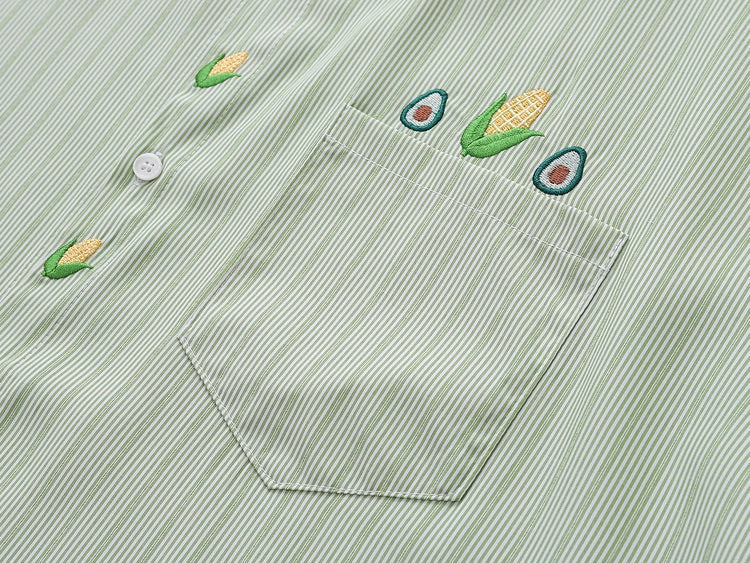 Avocado & Corn Embroidered Striped Shirt