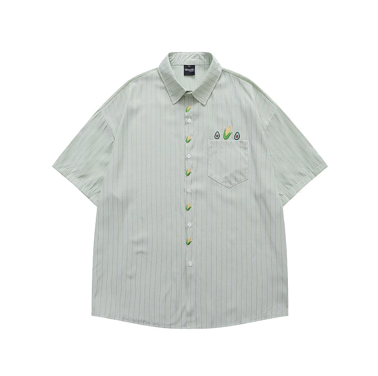 Avocado & Corn Embroidered Striped Shirt