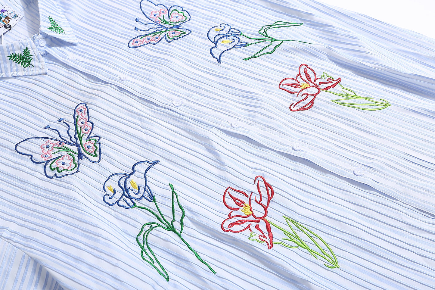 Artsy Butterfly Floral Embroidered Striped Shirt