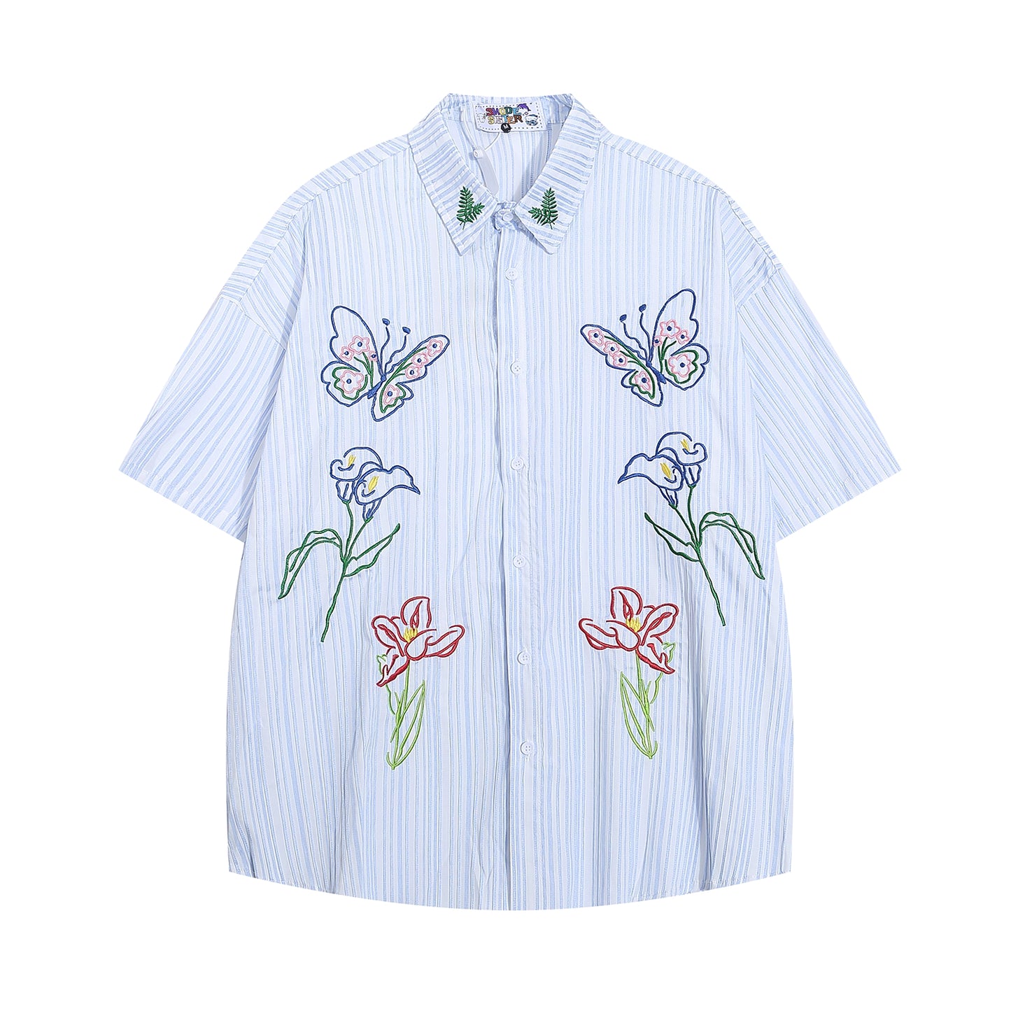 Artsy Butterfly Floral Embroidered Striped Shirt