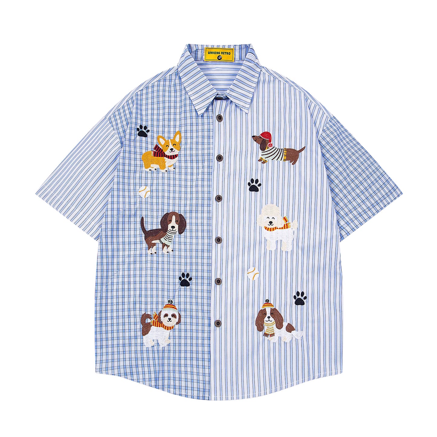 Cartoon Puppies Embroidered Plaid Striped Shirt