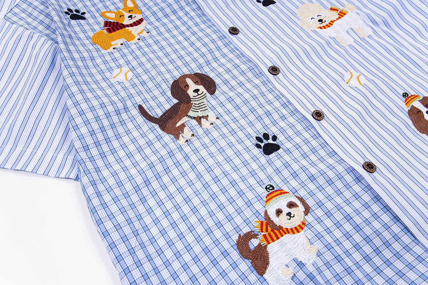 Cartoon Puppies Embroidered Plaid Striped Shirt
