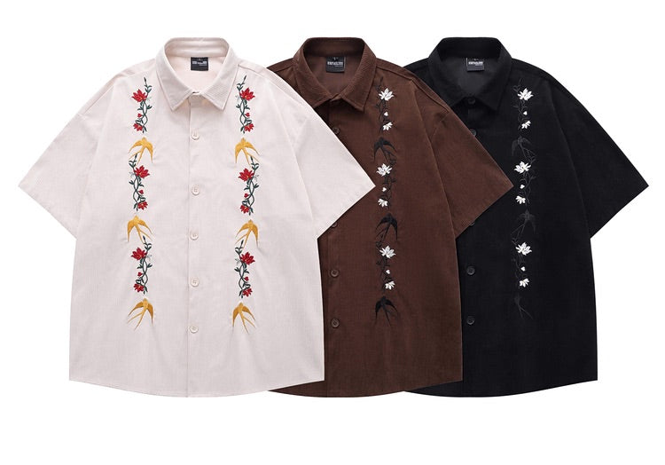 Flower Birds Embroidered Velvet Shirt