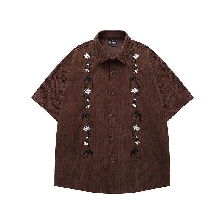 Flower Birds Embroidered Velvet Shirt