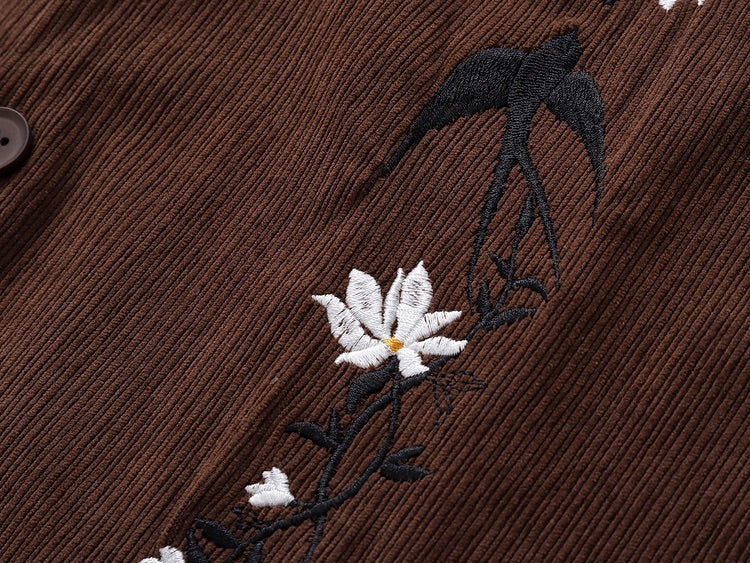 Flower Birds Embroidered Velvet Shirt
