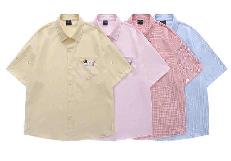 Dachshund on Pocket Embroidery Checkered Shirt