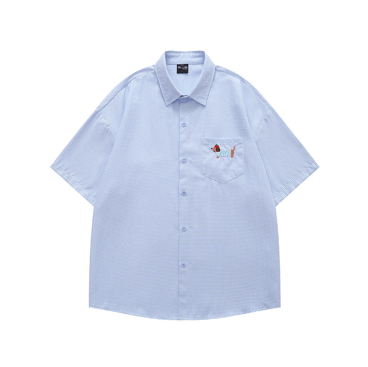 Dachshund on Pocket Embroidery Checkered Shirt
