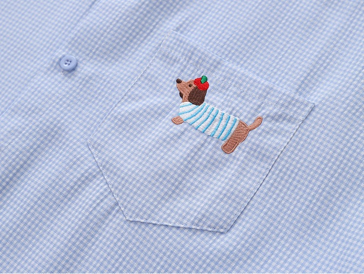 Dachshund on Pocket Embroidery Checkered Shirt