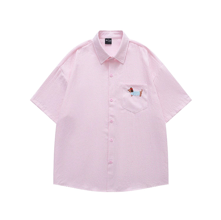 Dachshund on Pocket Embroidery Checkered Shirt