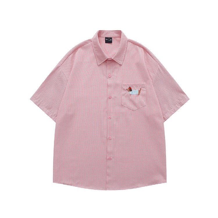 Dachshund on Pocket Embroidery Checkered Shirt