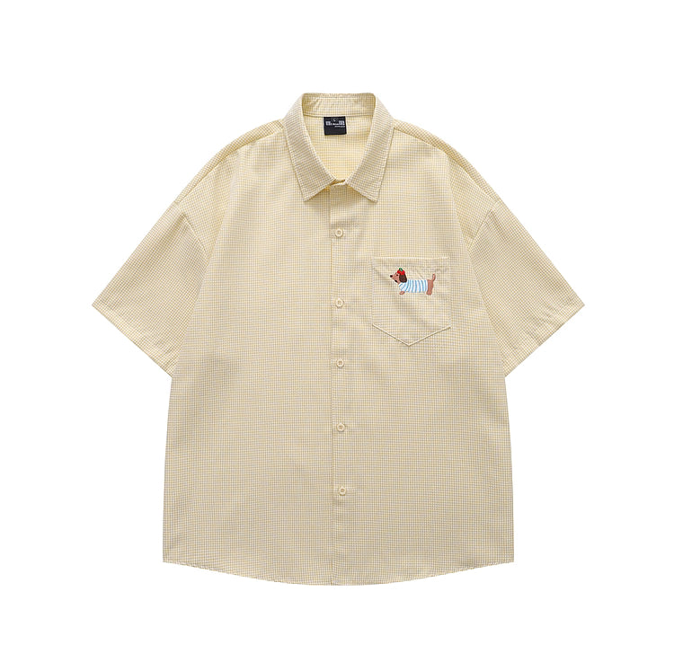 Dachshund on Pocket Embroidery Checkered Shirt