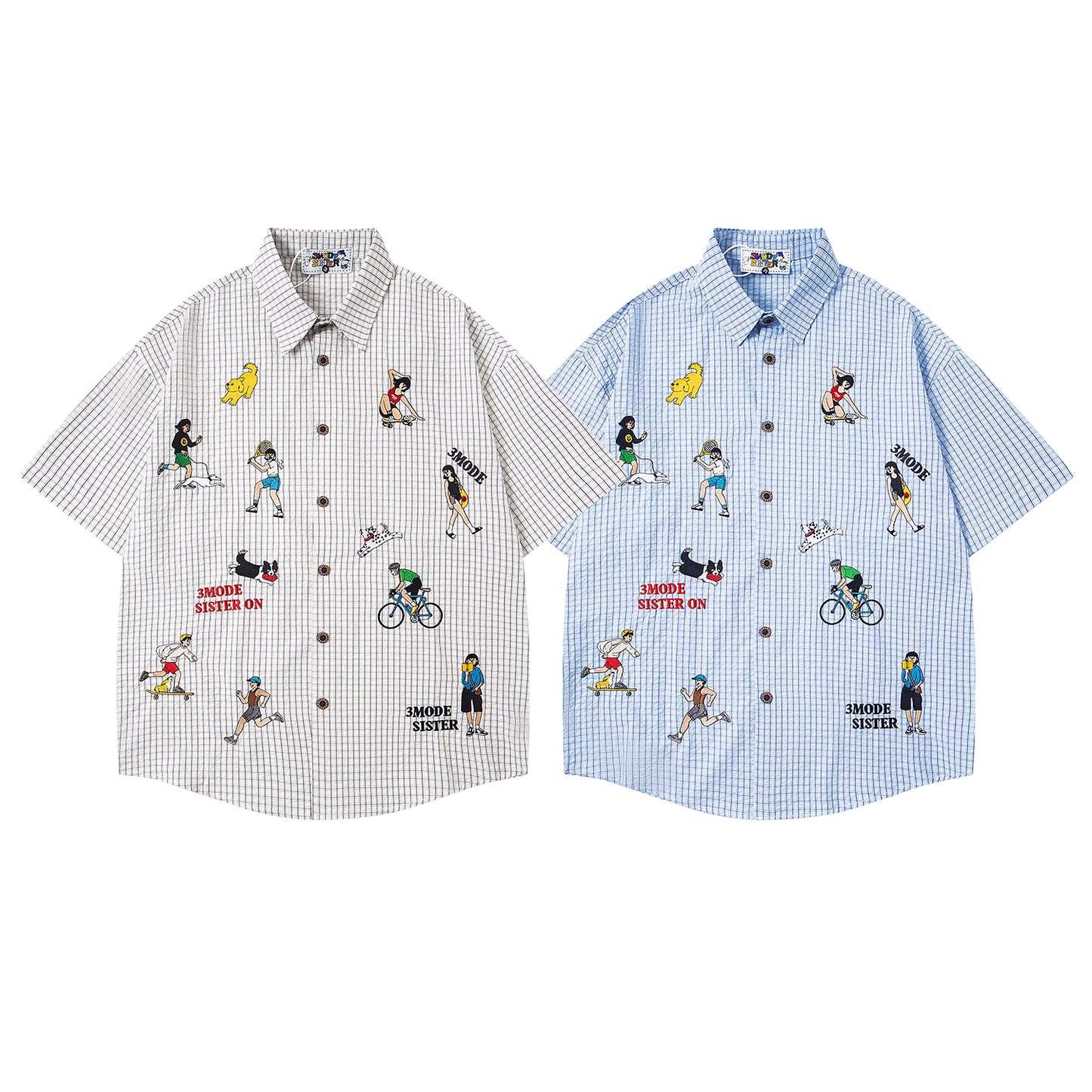 Cartoon Embroidered Checkered Shirt