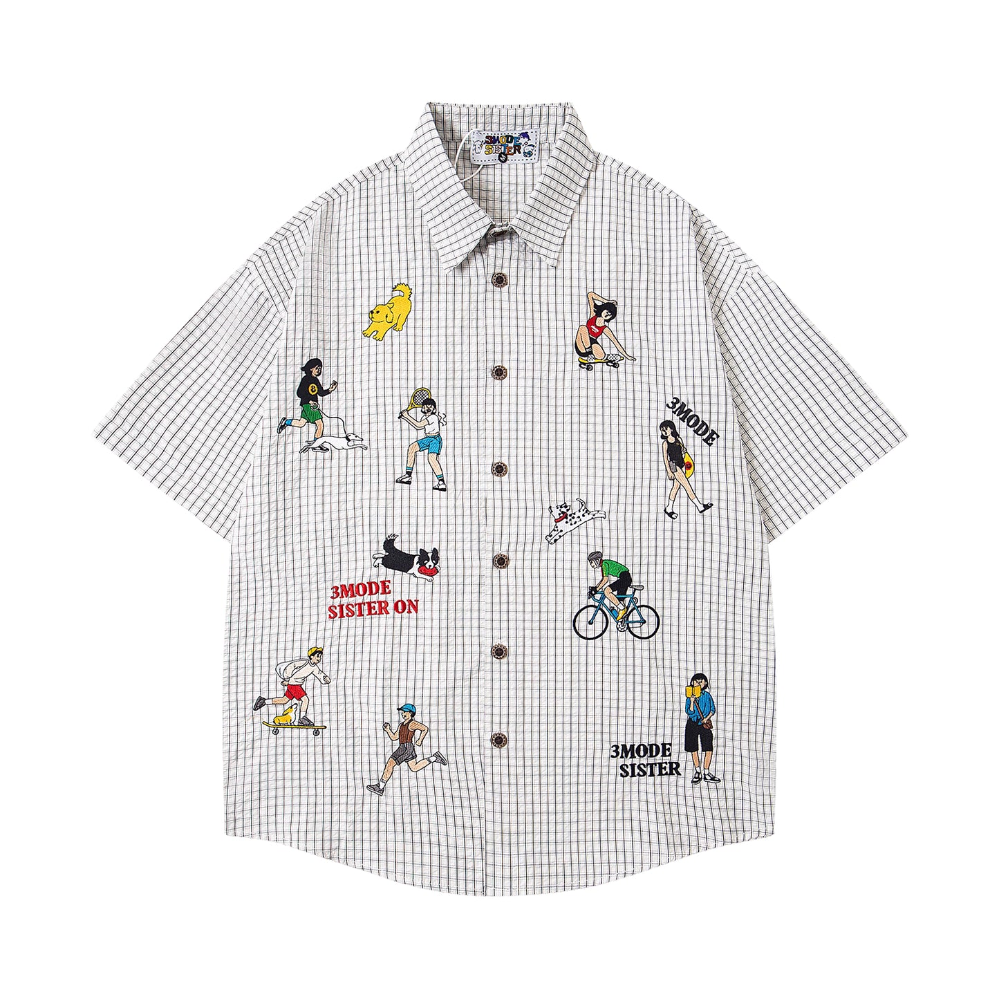 Cartoon Embroidered Checkered Shirt