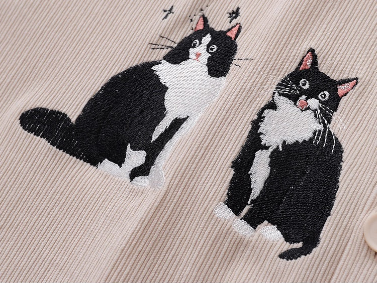 Vintage Cat Embroidered Velvet Shirt