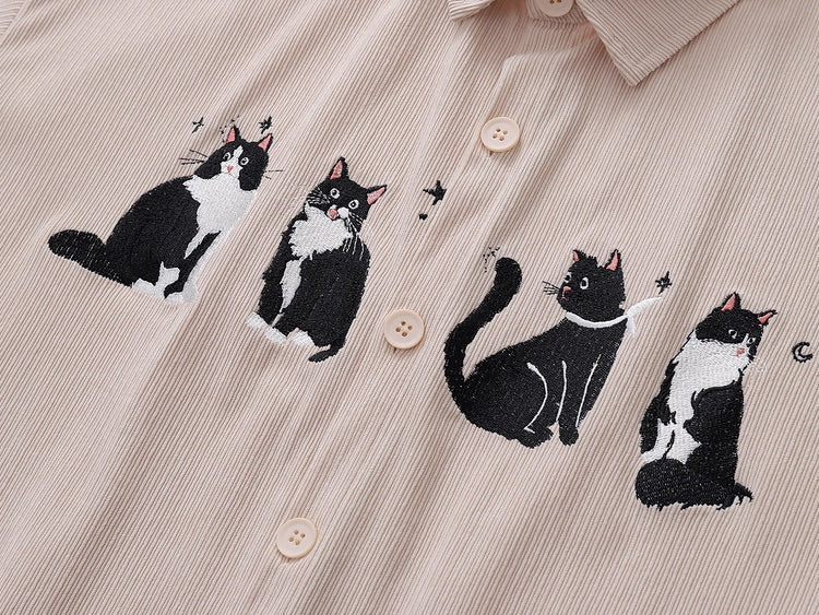 Vintage Cat Embroidered Velvet Shirt
