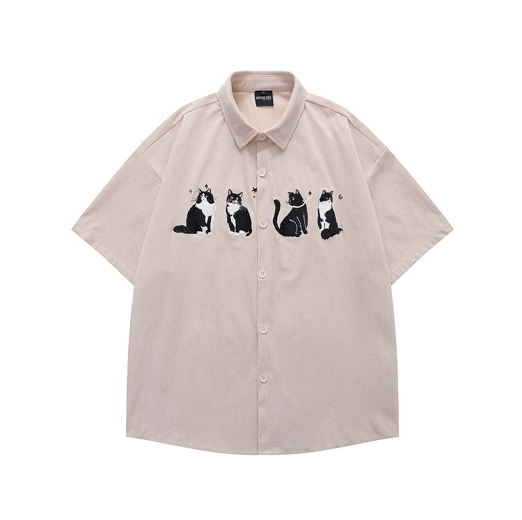 Vintage Cat Embroidered Velvet Shirt