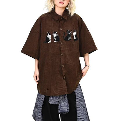 Vintage Cat Embroidered Velvet Shirt
