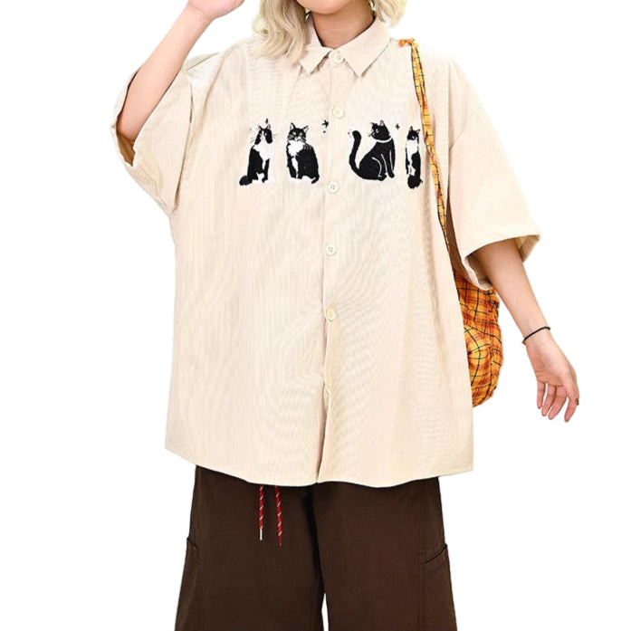 Vintage Cat Embroidered Velvet Shirt