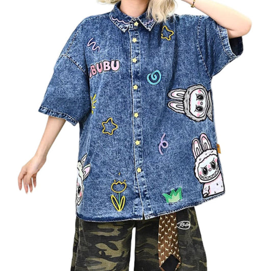 Labubu Embroidered Denim Shirt