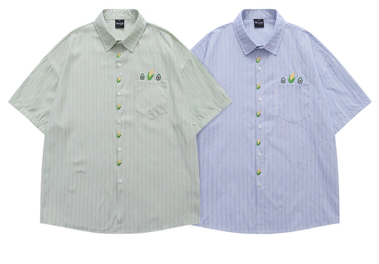 Avocado & Corn Embroidered Striped Shirt