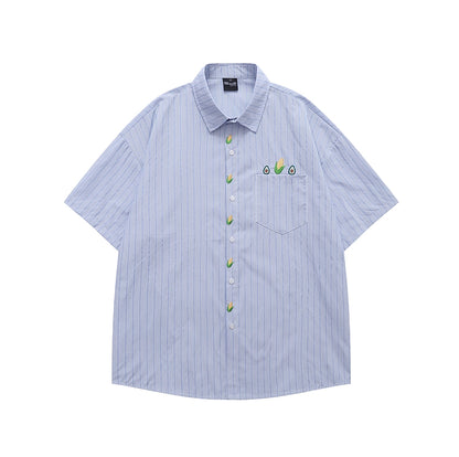 Avocado & Corn Embroidered Striped Shirt