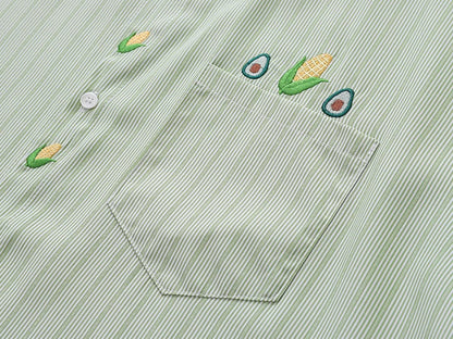 Avocado & Corn Embroidered Striped Shirt