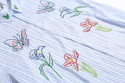 Artsy Butterfly Floral Embroidered Striped Shirt