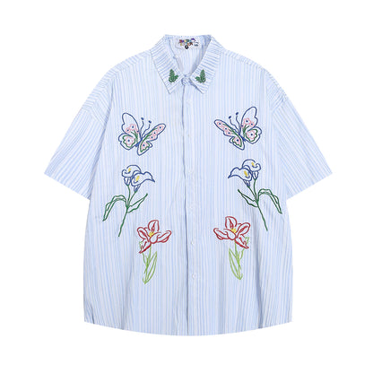 Artsy Butterfly Floral Embroidered Striped Shirt