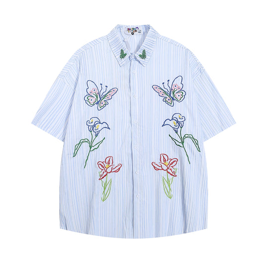 Artsy Butterfly Floral Embroidered Striped Shirt