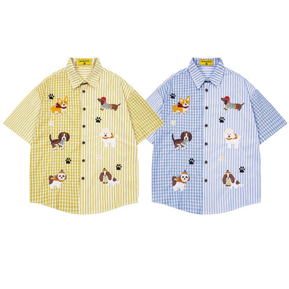 Cartoon Puppies Embroidered Plaid Striped Shirt