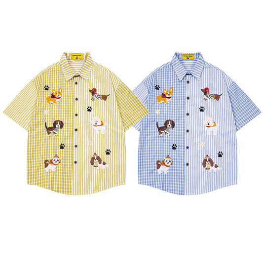 Cartoon Puppies Embroidered Plaid Striped Shirt
