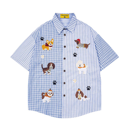Cartoon Puppies Embroidered Plaid Striped Shirt