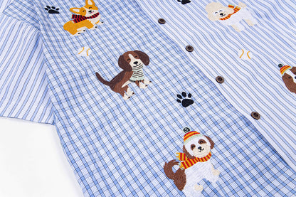 Cartoon Puppies Embroidered Plaid Striped Shirt