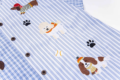 Cartoon Puppies Embroidered Plaid Striped Shirt