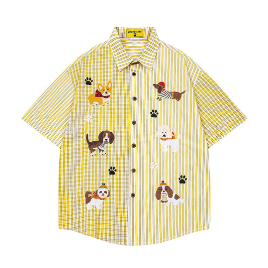 Cartoon Puppies Embroidered Plaid Striped Shirt