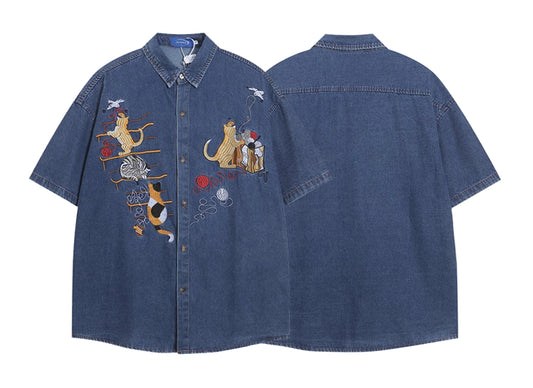 Vintage Cat Embroidered Denim Shirt