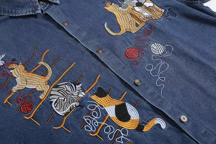 Vintage Cat Embroidered Denim Shirt