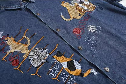 Vintage Cat Embroidered Denim Shirt