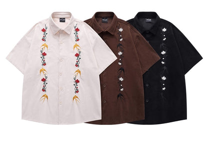 Flower Birds Embroidered Velvet Shirt