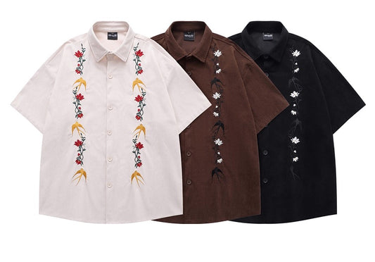 Flower Birds Embroidered Velvet Shirt