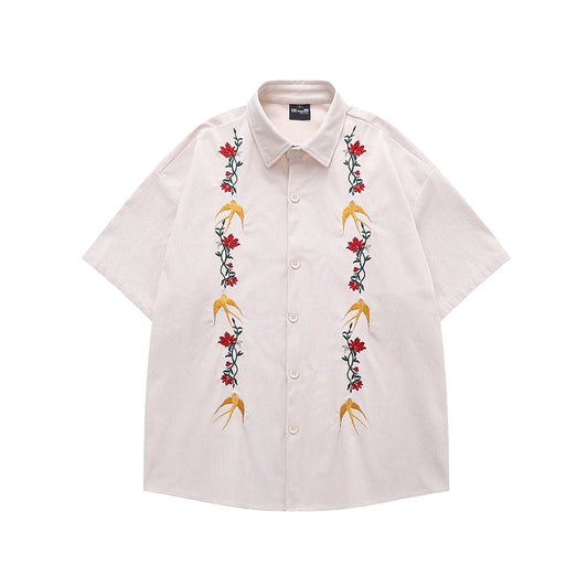 Flower Birds Embroidered Velvet Shirt