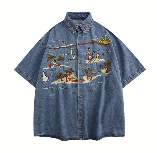 Island Beach Embroidered Denim Shirt