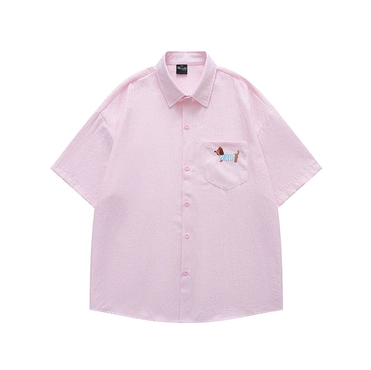 Dachshund on Pocket Embroidery Checkered Shirt