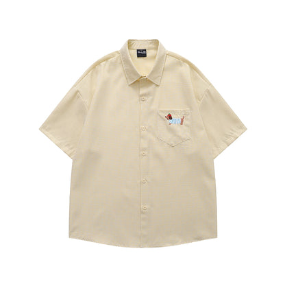 Dachshund on Pocket Embroidery Checkered Shirt