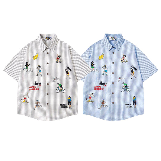 Cartoon Embroidered Checkered Shirt