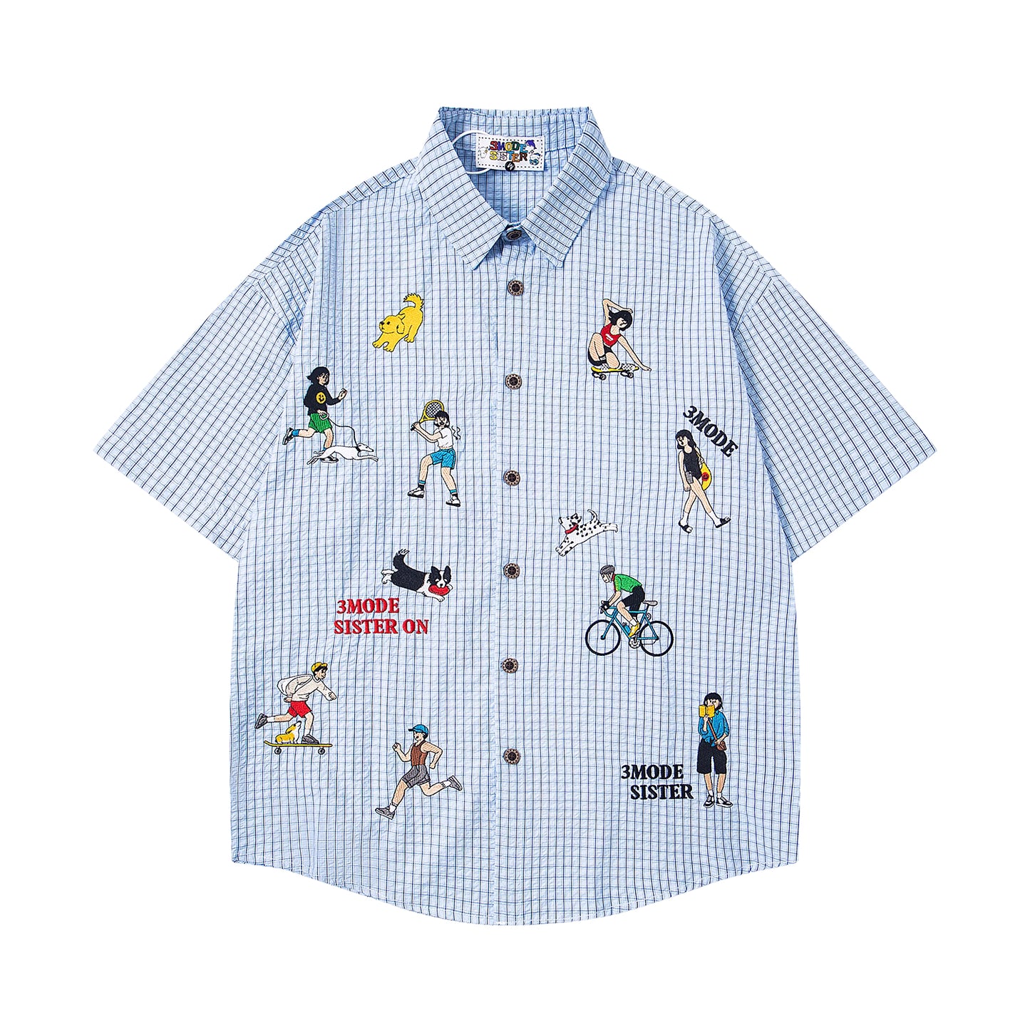 Cartoon Embroidered Checkered Shirt